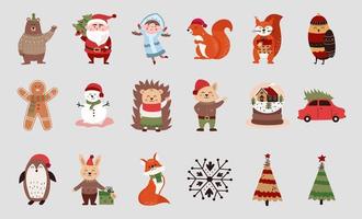 Christmas vector set of cartoon characters and stickers, Santa Claus, snow maiden and others. Vector illustration