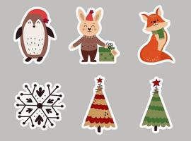 Christmas vector set of cartoon characters and stickers, rabbit fox and penguin. Vector illustration