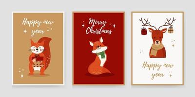 Christmas set of backgrounds, greeting cards, web posters, holiday covers. Design with the image of a fox, squirrel and deer. Banner templates for the Christmas party. vector