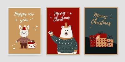 Christmas set of backgrounds, greeting cards, web posters, holiday covers. Design with the image of a hare, rabbit, gift box, gifts, bear. Banner templates for the Christmas party. vector