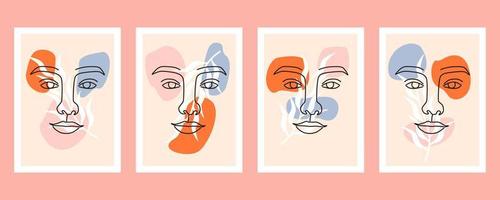 Collection of beauty woman face minimal hand drawn line art vector