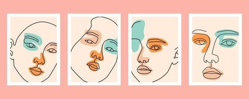 Collection of beauty woman face minimal hand drawn line art vector