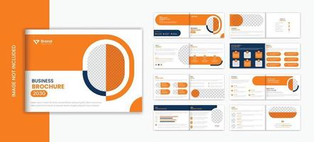 Orange corporate 16 page landscape brochure design template with creative shapes vector