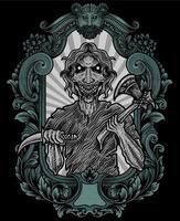 isolated scary zombie with engraving ornament frame vector