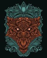 cabeza de lobo de ilustración con estilo de ornamento de grabado vector