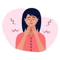 Sad woman suffering from sore throat, holding her hands on her neck. Symptoms of a viral disease, infection, flu, angina, pharyngitis, tonsillitis. Sick female character. vector