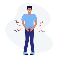 Man with pain in the lower abdomen, in bladder. Male character suffers from prostatitis, cystitis, pain in the urinary system, urinary incontinence, urethritis. vector