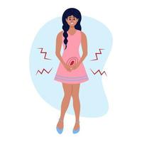 Sad woman holding her hands in the lower abdomen. Female character suffers from bladder disease, cystitis, urethritis, pain during menstruation, incontinence or other problems of the urethra. vector