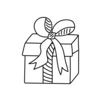 Gift box with ribbon and bow in doodle style. Black and white vector illustration for coloring book.