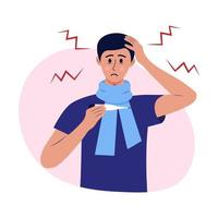 Sad sick man in a scarf with a thermometer. Male character suffers from high temperature, chills, sore throat, flu, headache. Symptoms of the disease. vector