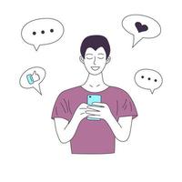 Young happy man using a smartphone and chatting. Communication, mobile, conversation, social networks concept. Person and gadget in doodle style. vector