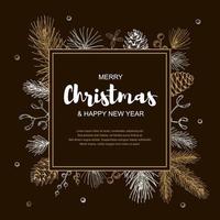 Merry Christmas and Happy New Year square frame with hand drawn golden evergreen branches and cones on black background. Vector illustration in sketch style