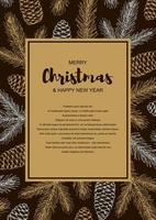 Merry Christmas and Happy New Year vertical invitation template with hand drawn golden evergreen branches and cones on black background. Vector illustration in sketch style