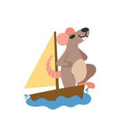 Concept of cute floating rat on yacht. Vector illustration. Sailing rat on white background. Design element. Flat simple style