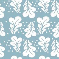 Seamless pattern with oak leaves and snowflakes on blue background. vector