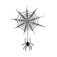 la araña negra desciende en la web. telaraña aterradora del símbolo de Halloween. vector de fondo espeluznante aislado para la fiesta de octubre y las invitaciones. aislado en la imagen vectorial blanca