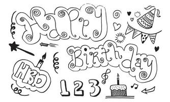 set of hand drawn doodle cartoon objects and symbols on the birthday party. vector