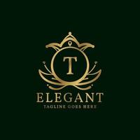 letter T elegant leaves and crown crest vector logo design