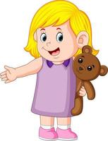 a girl funny playing with the cute brown teddy bear vector