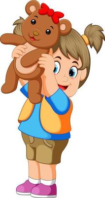 A girl happy play with the brown teddy bear