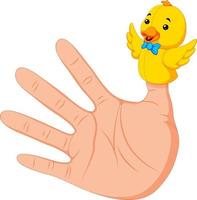 hand wearing a duck finger puppet on thumb vector