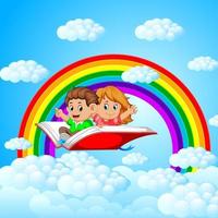 niños felices volando en un gran libro abierto con arco iris y fondo de nubes vector