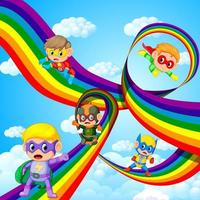 kids in hero outfit flying over the rainbow vector