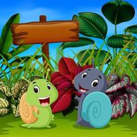 the cute snails play in the garden with the happy face vector