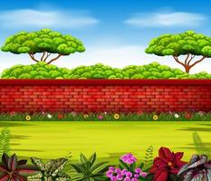 the high wall with tall trees and some flowers vector