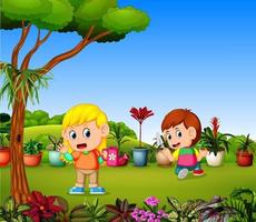 niña regando plantas y un niño plantando en un jardín vector