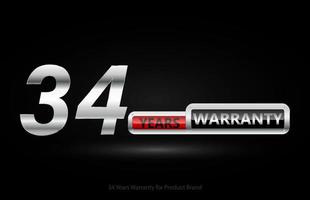 34 years warranty silver logo isolated on black background, vector design for product warranty, guarantee, service, corporate, and your business.