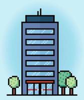 Edificio alto de iconos de píxeles de 8 bits en ilustraciones vectoriales para activos de juegos e iconos web vector