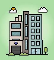 Edificio alto de iconos de píxeles de 8 bits en ilustraciones vectoriales para activos de juegos e iconos web vector