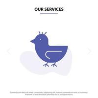 nuestros servicios pato ganso cisne primavera icono de glifo sólido plantilla de tarjeta web vector