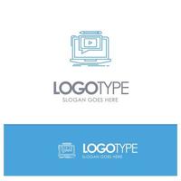 Laptop Player Screen Tutorial Video Blue outLine Logo with place for tagline vector