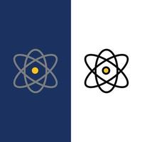 átomo educación física ciencia iconos plano y línea llena conjunto de iconos vector fondo azul