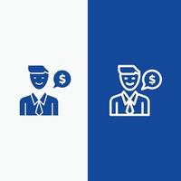 Man Work Job Dollar Line and Glyph Solid icon Blue banner Line and Glyph Solid icon Blue banner vector