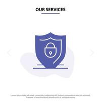 nuestros servicios internet escudo bloqueo seguridad glifo sólido icono plantilla de tarjeta web vector