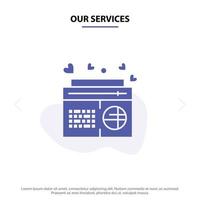 Our Services Radio Music FM Speaker Songs Solid Glyph Icon Web card Template vector
