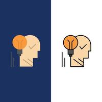 cerebro creativo idea bombilla mente poder personal éxito iconos planos y llenos de línea conjunto de iconos vect vector