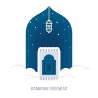 Ramadan Kareem islamic design crescent moon and mosque dome silhouette with arabic pattern and calli vector