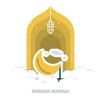 Ramadan Kareem islamic design crescent moon and mosque dome silhouette with arabic pattern and calli vector