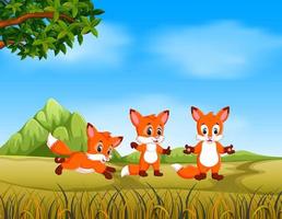 an awesome view with the fox run with their friend in the safari vector