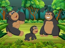 the forest background with gorilla's family playing together vector