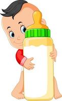 the baby happy playing and hug the milk bottle vector