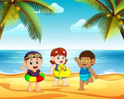 the children playing in the beach and using the tire in the bright day vector