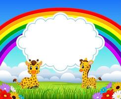 the nature view with the cloud board blank space and two baby giraffe playing vector