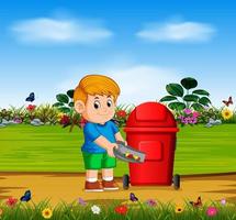 the boy throw the danger things to the red bin in the garden vector