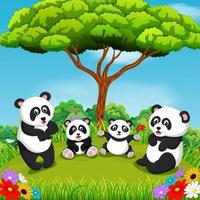 the beautiful view with some panda playing together under the tree vector