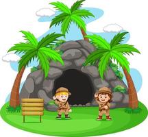 two adventurer in front of cave vector